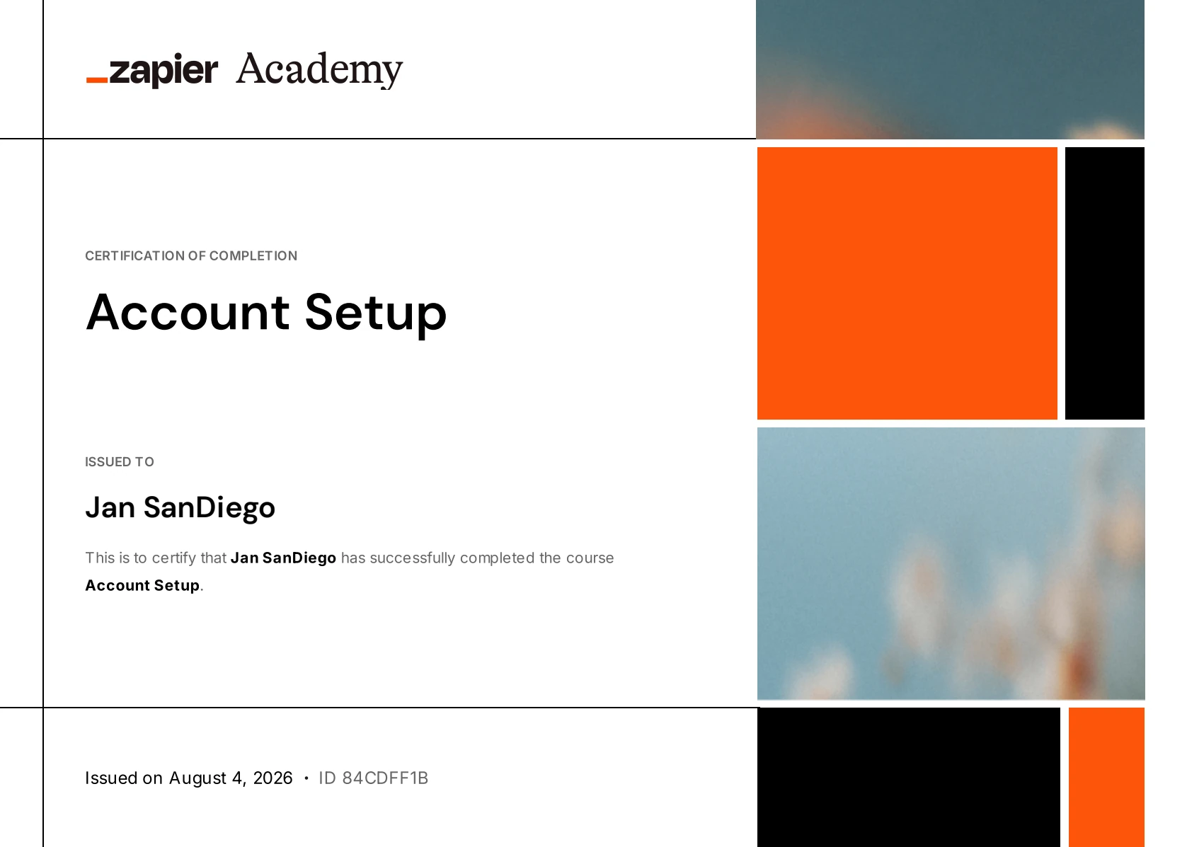 Account Setup certificate preview