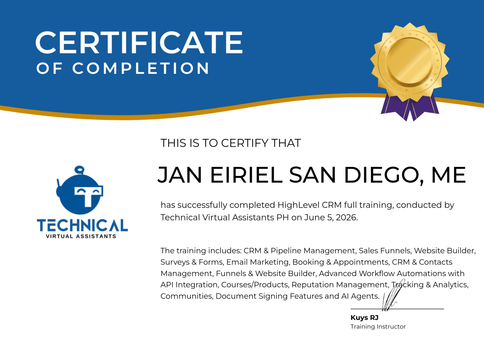 GoHighLevel CRM Training certificate preview