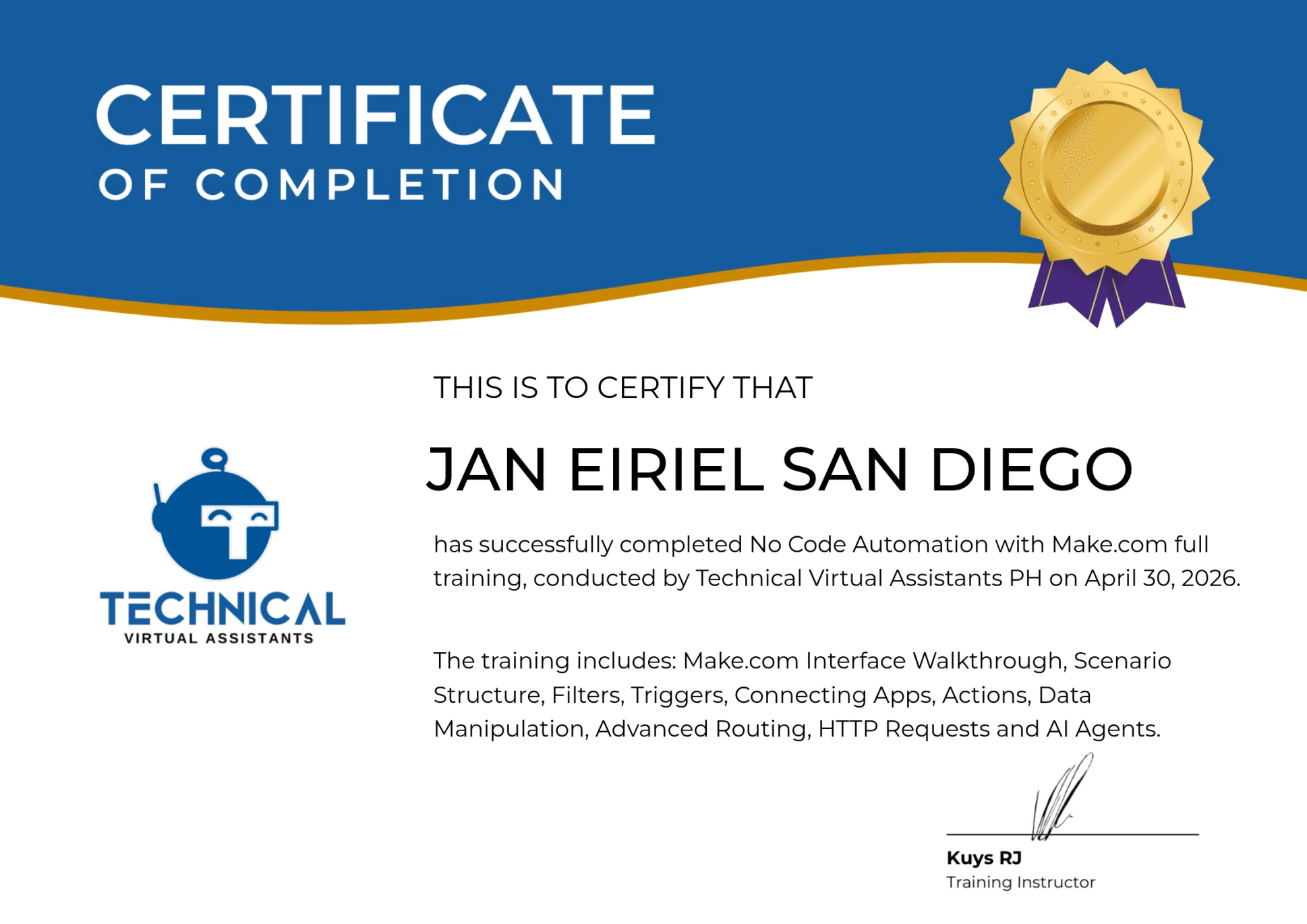 Make.com Automation Training certificate preview
