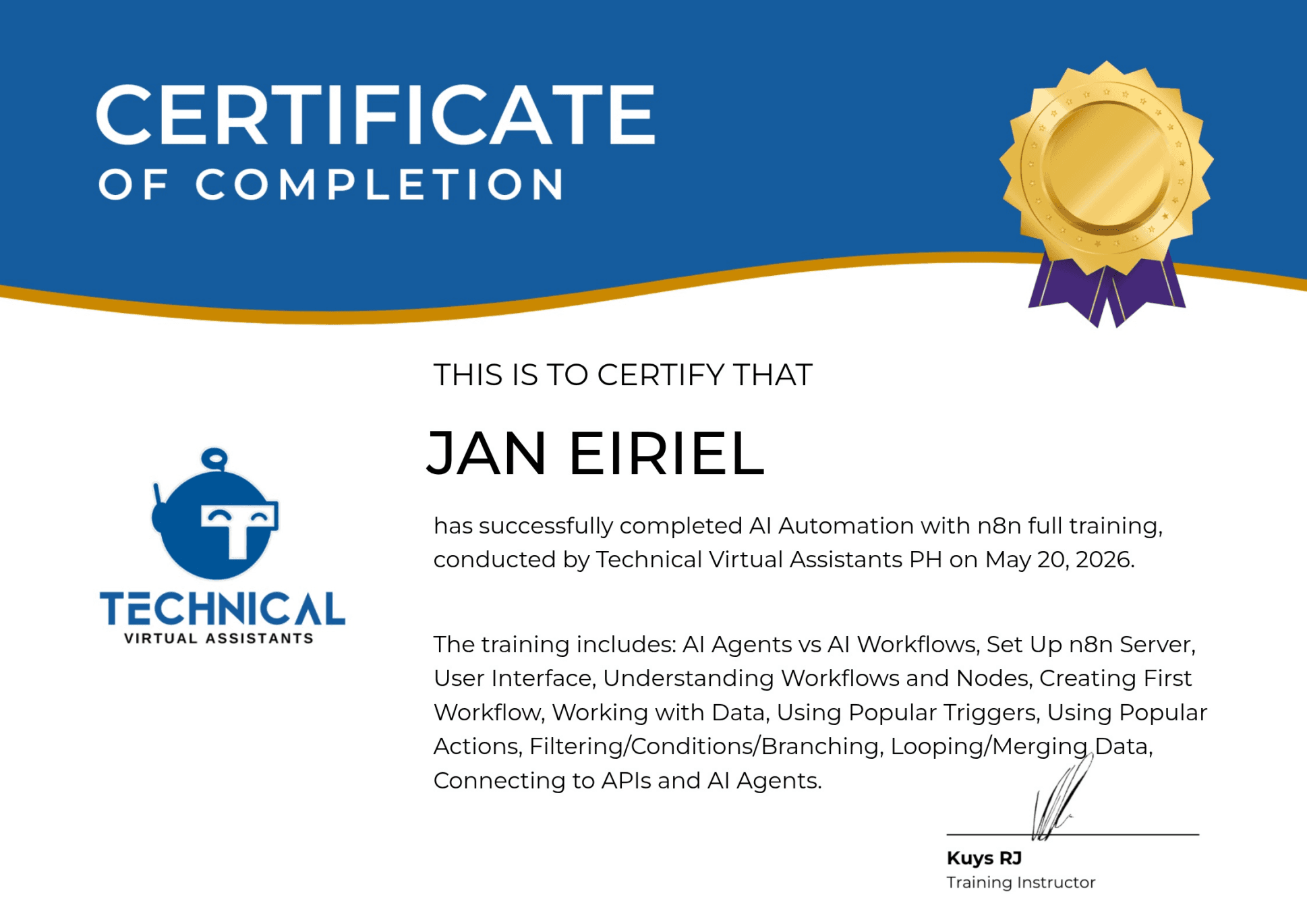 n8n AI Automation Training certificate preview