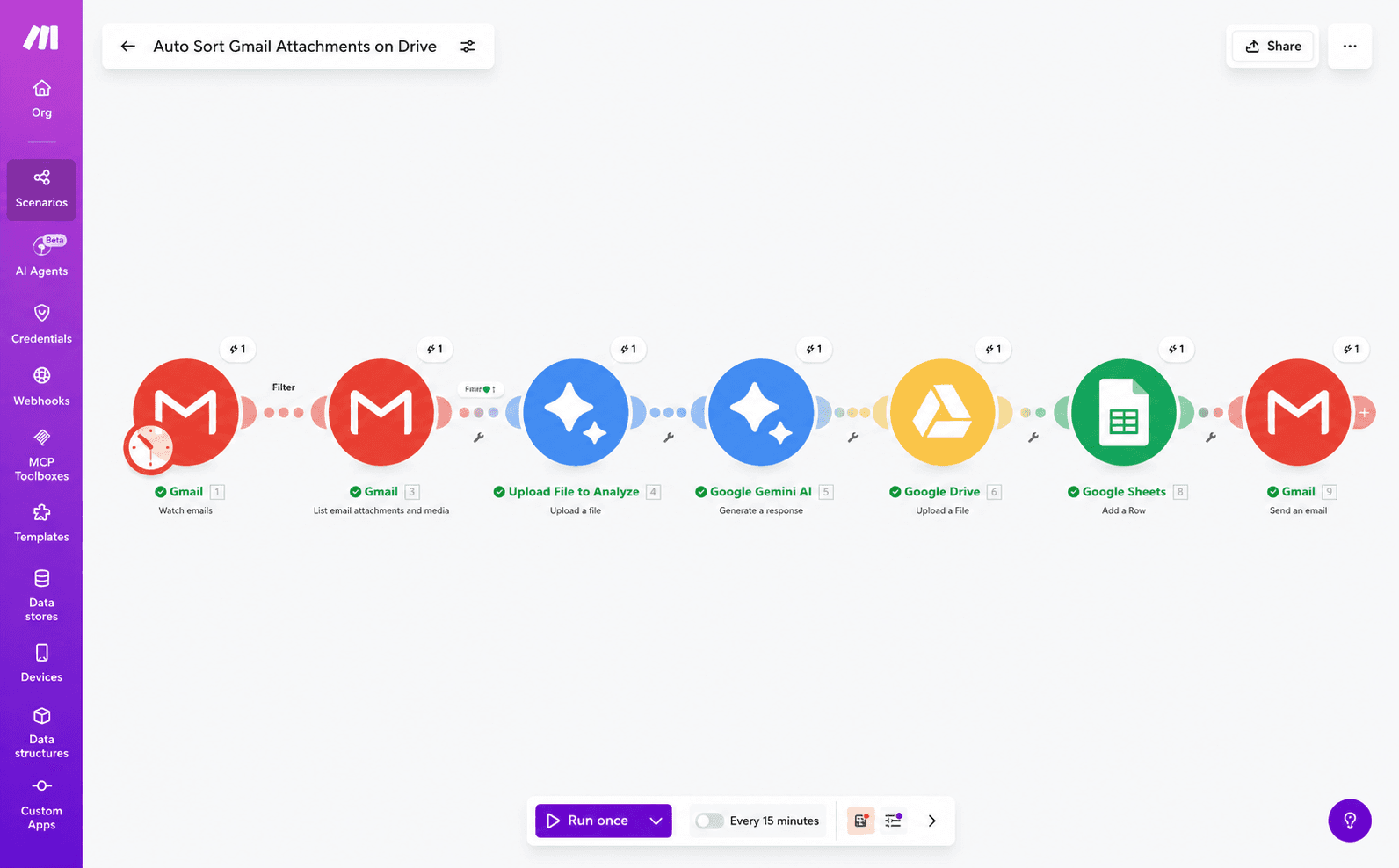 Auto Sort Gmail Attachments on Drive workflow screenshot