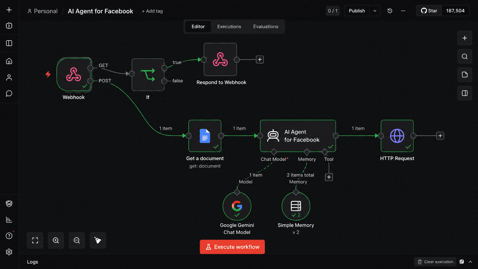 AI Agent for Facebook workflow screenshot