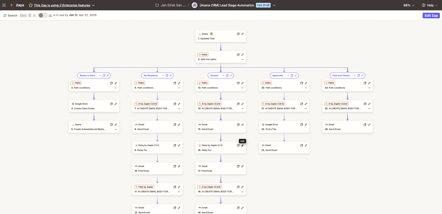 Asana CRM Lead Stage Automation workflow screenshot